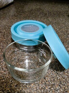 Anchor Glass x2 Food Storage Bowls - 150 ml with blue teal flexible lids